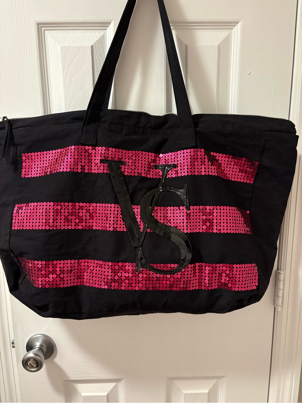 Victoria's Secret Black Tote with Hot Pink Sequin Stripes